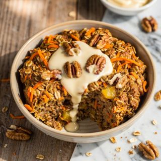 Carrot Cake Oatmeal Bake with Maple Cream Cheese Glaze